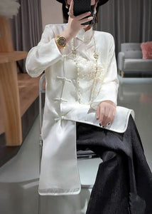 New White Stand Collar Embroidered Button Silk Shirt Long Sleeve