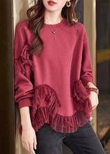 Load image into Gallery viewer, New Wine Red O Neck Tulle Patchwork Cotton T Shirts Spring