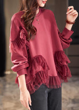 Load image into Gallery viewer, New Wine Red O Neck Tulle Patchwork Cotton T Shirts Spring