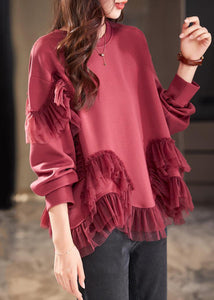 New Wine Red O Neck Tulle Patchwork Cotton T Shirts Spring