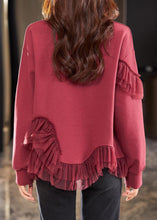 Load image into Gallery viewer, New Wine Red O Neck Tulle Patchwork Cotton T Shirts Spring