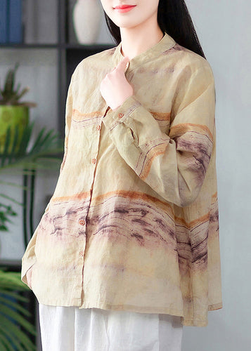 New Yellow Button Print Linen Shirt Long Sleeve