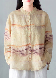 New Yellow Button Print Linen Shirt Long Sleeve