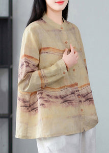 New Yellow Button Print Linen Shirt Long Sleeve