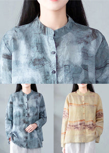 New Yellow Button Print Linen Shirt Long Sleeve