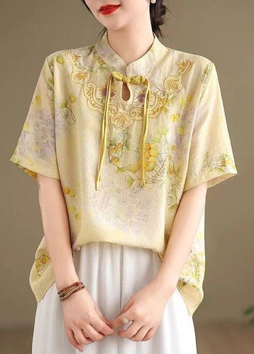 New Yellow Chinese Button Print Cotton Shirts Summer