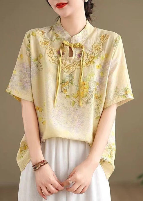 New Yellow Chinese Button Print Cotton Shirts Summer