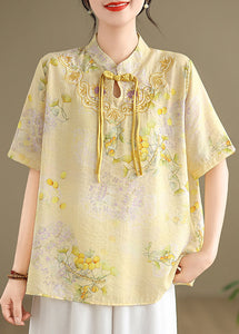 New Yellow Chinese Button Print Cotton Shirts Summer