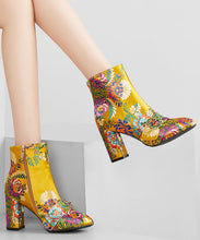 Load image into Gallery viewer, New Yellow Embroidered Zippered Cotton Chunky Ankle Boots