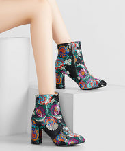 Load image into Gallery viewer, New Yellow Embroidered Zippered Cotton Chunky Ankle Boots