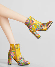 Load image into Gallery viewer, New Yellow Embroidered Zippered Cotton Chunky Ankle Boots