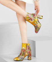 Load image into Gallery viewer, New Yellow Embroidered Zippered Cotton Chunky Ankle Boots