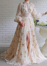 Load image into Gallery viewer, Novelty Beige Sequins Side Open Chiffon Long Dress Lantern Sleeve