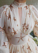 Load image into Gallery viewer, Novelty Beige Sequins Side Open Chiffon Long Dress Lantern Sleeve