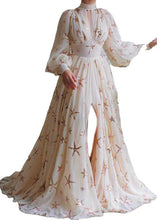 Load image into Gallery viewer, Novelty Beige Sequins Side Open Chiffon Long Dress Lantern Sleeve