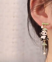 Load image into Gallery viewer, Novelty Colorblock Metal Alloy Zircon Pearl Panda Bamboo Joint Tassel Drop Earrings