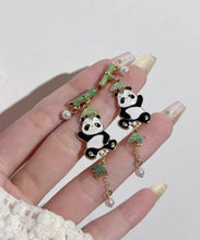 Load image into Gallery viewer, Novelty Colorblock Metal Alloy Zircon Pearl Panda Bamboo Joint Tassel Drop Earrings