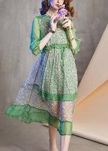 Load image into Gallery viewer, Novelty Green O-Neck Print Patchwork Ruffled Tie Waist Holiday Maxi Dress Summer