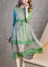 Load image into Gallery viewer, Novelty Green O-Neck Print Patchwork Ruffled Tie Waist Holiday Maxi Dress Summer