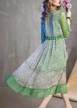 Load image into Gallery viewer, Novelty Green O-Neck Print Patchwork Ruffled Tie Waist Holiday Maxi Dress Summer