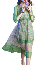 Load image into Gallery viewer, Novelty Green O-Neck Print Patchwork Ruffled Tie Waist Holiday Maxi Dress Summer