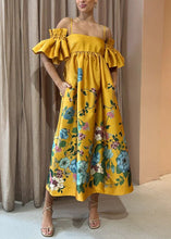 Load image into Gallery viewer, Novelty Yellow Print Pockets Cotton Spaghetti Strap Dress Flare Sleeve