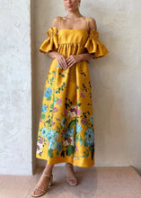 Load image into Gallery viewer, Novelty Yellow Print Pockets Cotton Spaghetti Strap Dress Flare Sleeve