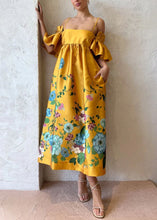 Load image into Gallery viewer, Novelty Yellow Print Pockets Cotton Spaghetti Strap Dress Flare Sleeve