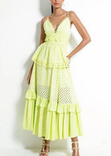 Load image into Gallery viewer, Novelty Yellow V Neck Hollow Out Cotton Spaghetti Strap Dress Sleeveless