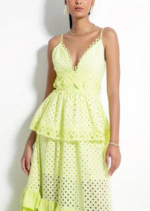 Novelty Yellow V Neck Hollow Out Cotton Spaghetti Strap Dress Sleeveless