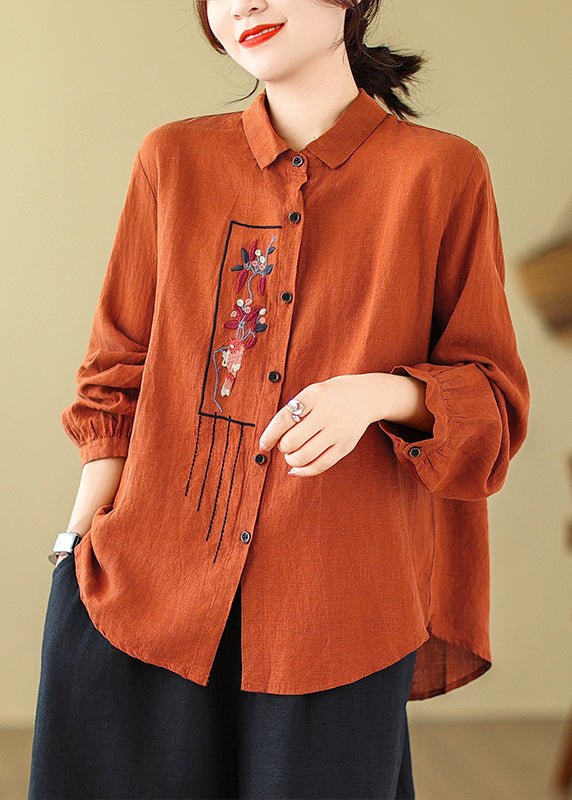 Orange Button Cotton Shirt Top Peter Pan Collar Fall