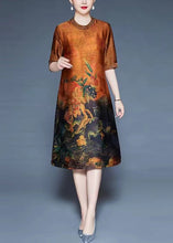 Load image into Gallery viewer, Orange Button Print Silk Dresses O-Neck Short Sleeve