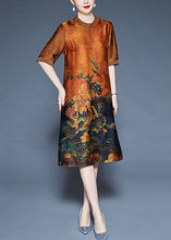 Load image into Gallery viewer, Orange Button Print Silk Dresses O-Neck Short Sleeve