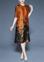 Load image into Gallery viewer, Orange Button Print Silk Dresses O-Neck Short Sleeve