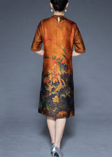 Load image into Gallery viewer, Orange Button Print Silk Dresses O-Neck Short Sleeve