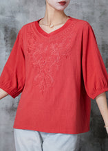 Load image into Gallery viewer, Orange Cotton Shirt Tops V Neck Embroidered Half Sleeve