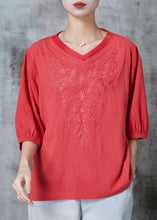 Load image into Gallery viewer, Orange Cotton Shirt Tops V Neck Embroidered Half Sleeve