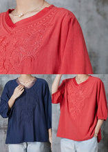 Load image into Gallery viewer, Orange Cotton Shirt Tops V Neck Embroidered Half Sleeve