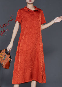 Orange Jacquard Silk Long Dress Exra Large Hem Summer