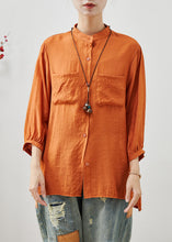 Load image into Gallery viewer, Orange Linen Blouse Top Stand Collar Embroidered Summer