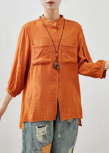 Load image into Gallery viewer, Orange Linen Blouse Top Stand Collar Embroidered Summer