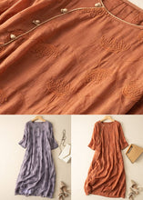 Load image into Gallery viewer, Orange Patchwork Linen Dresses Embroidered Button Bracelet Sleeve