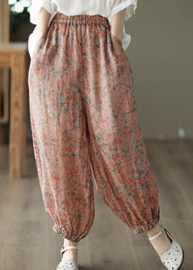 Orange Pockets Print Elastic Waist Cotton Lantern Pants Summer