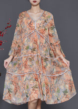 Load image into Gallery viewer, Orange Print Chiffon Party Dress V Neck Flare Sleeve