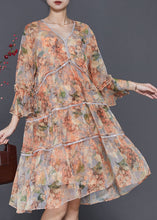 Load image into Gallery viewer, Orange Print Chiffon Party Dress V Neck Flare Sleeve