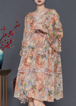 Load image into Gallery viewer, Orange Print Chiffon Party Dress V Neck Flare Sleeve