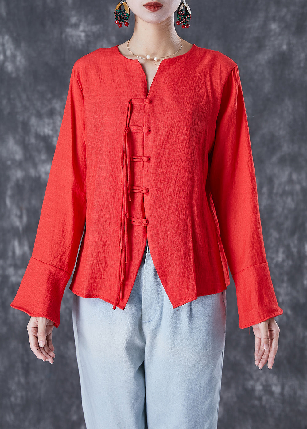 Orange Red Linen Shirt Tasseled Chinese Button Flare Sleeve