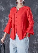 Load image into Gallery viewer, Orange Red Linen Shirt Tasseled Chinese Button Flare Sleeve