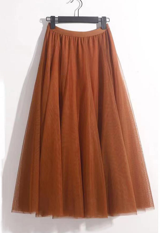 Orange Solid Wrinkled Tulle Summer Skirts High Waist