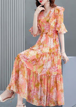 Load image into Gallery viewer, Orange V Neck Print Ruffled Wrinkled Silk Party Long Dress Flare  Sleeve